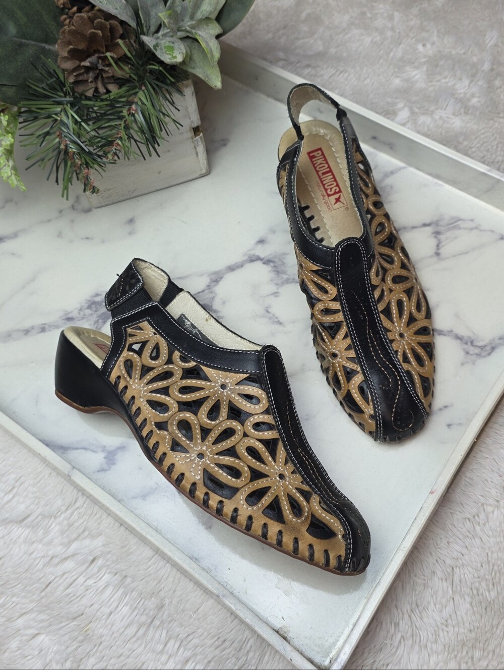 PIKOLINOS Romana Tan & Black Floral Cut Out Leather Slingback Sandal Size 37 / 7
